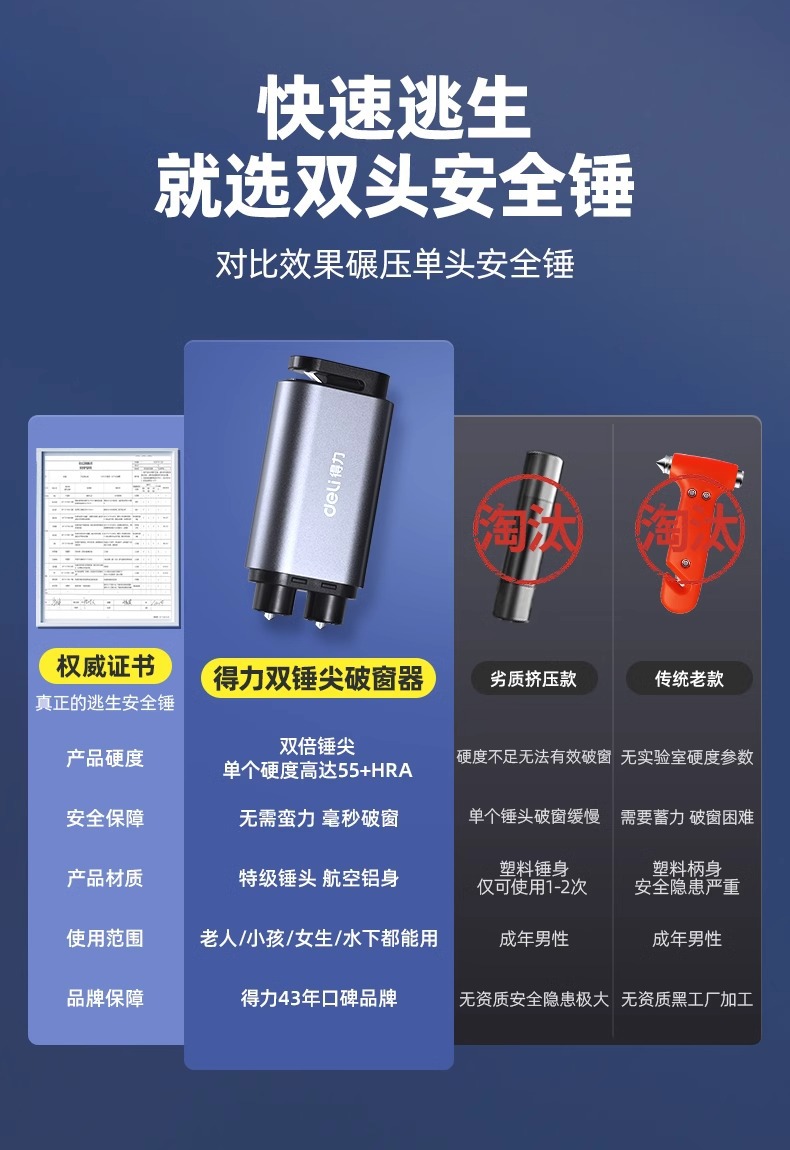 Deli Window Breaker Car Safety Hammer Window Breaking Artifact Car Multifunctional Four-in-One with Cutting Knife Breaking Glass Escape