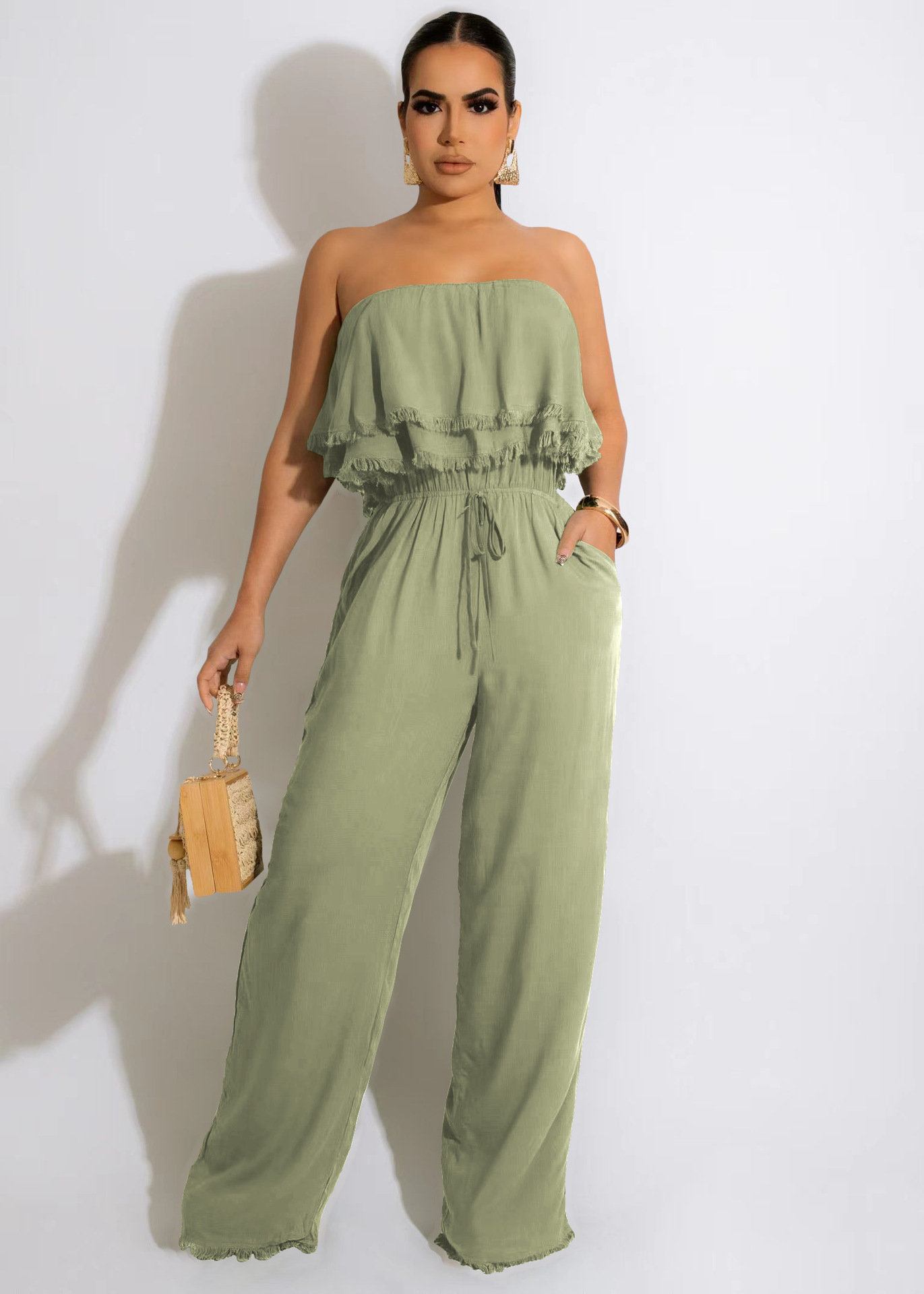 sleeveless ruffle tube top waist wide-leg solid color jumpsuit NSTRS134256