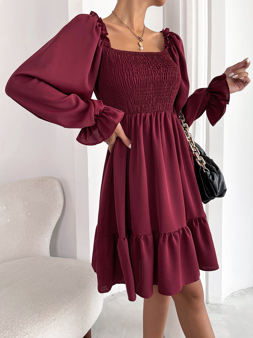 square collar long sleeve ruffle high waist slim solid color dress NSNCK118643