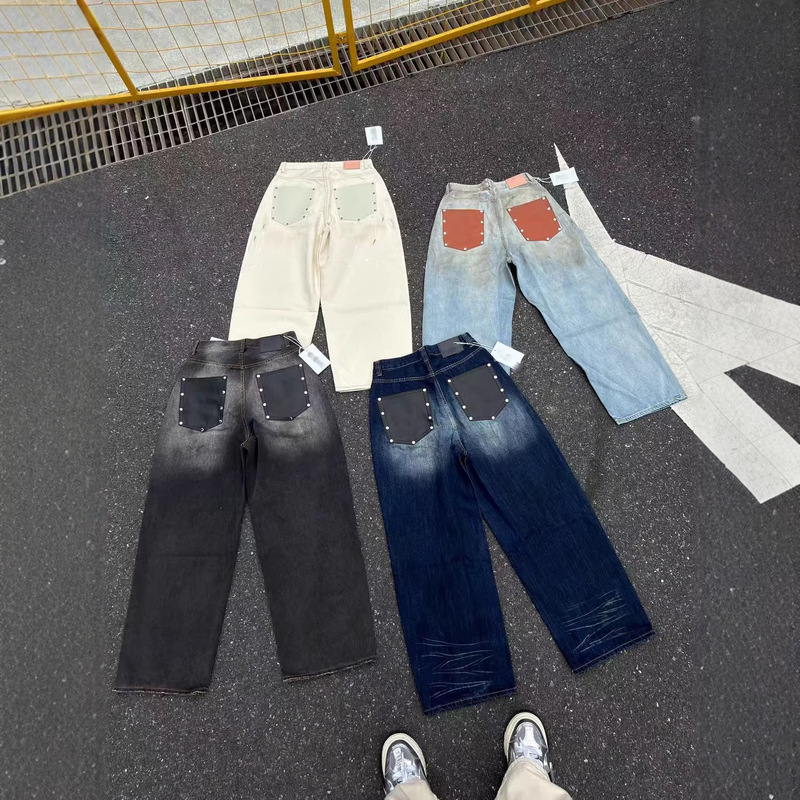 Trendy Brand Studded Leather Pocket Jeans, Vintage Distressed Washed Loose Wide-Leg Pants, Street Style Slimming Long Pants, Ac Style Trendy Brand Studded Leather Pocket Jeans, Vintage Distressed Washed Loose Wide-Leg Pants, Street Style Slimming Long Pants, Ac Style