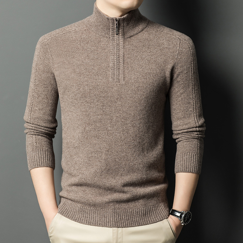 Woolen demi-season solid color knitted sweater with zipper