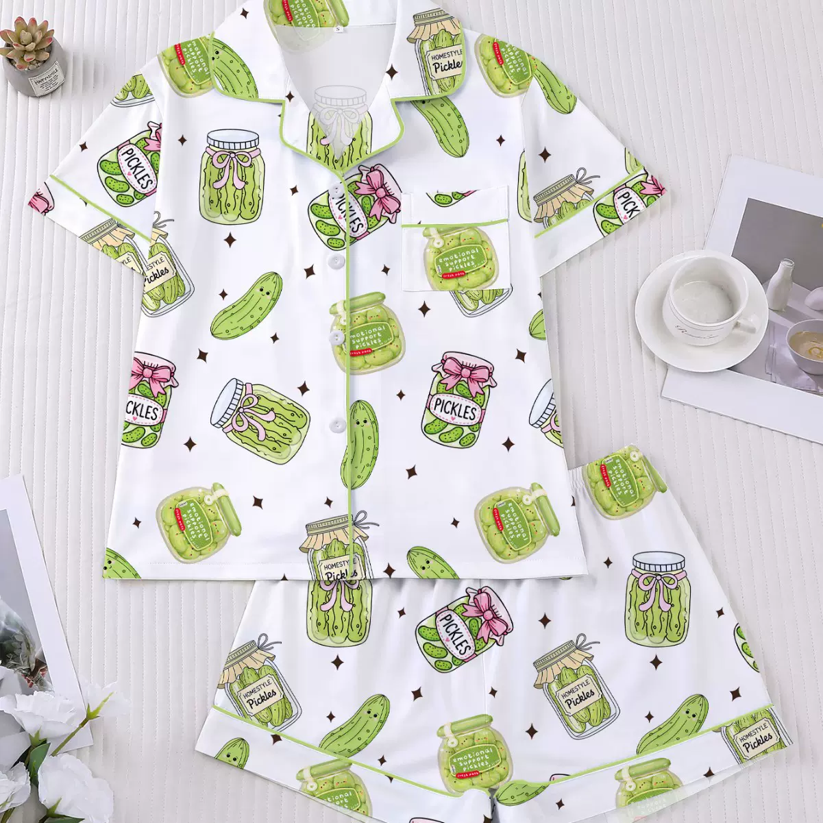 跨境外贸新款女士睡衣印花翻领短袖短裤欧美家居服开衫宽松舒适