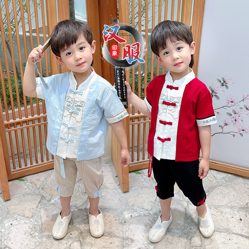 Children's Tang suit boys Chinese style new short-sleeved young master suit girls cotton and linen Hanfu 61 performance clothes wholesale