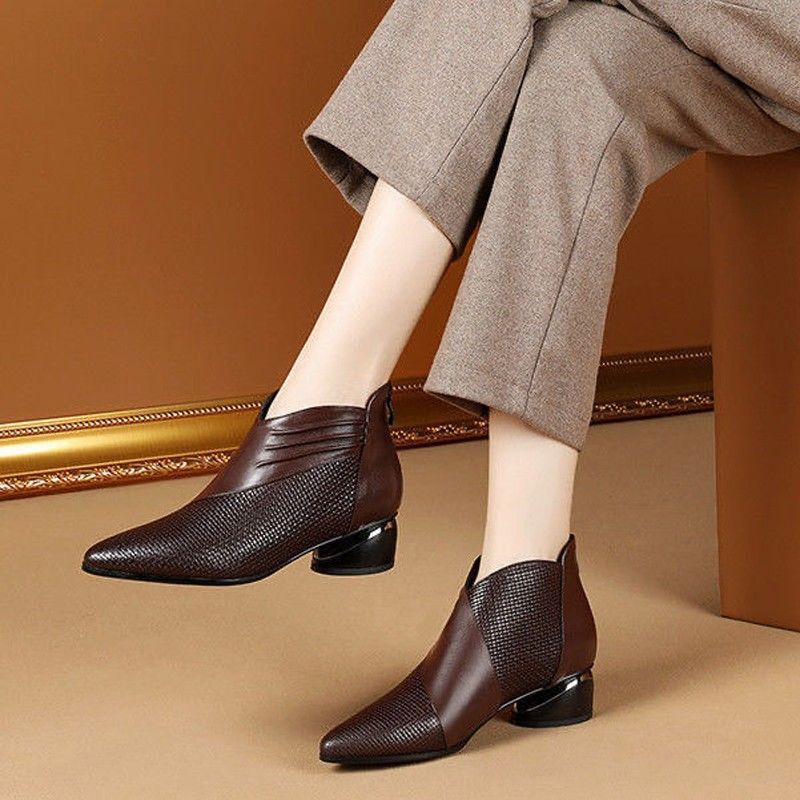 Genuine Soft Leather Short Boots for Women, Fashionable Chunky Heel, 2023 New Model, Back Zipper, Pointed Toe, Fleece-Lined, Elegant High Heels for Moms Genuine Soft Leather Short Boots for Women, Fashionable Chunky Heel, 2023 New Model, Back Zipper, Pointed Toe, Fleece-Lined, Elegant High Heels for Moms