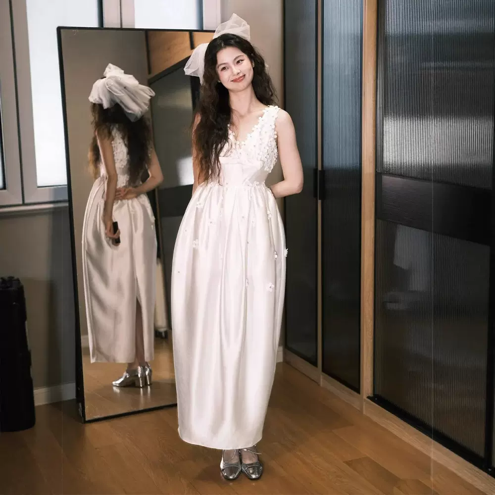 法式轻婚纱新娘2026新款高级感花朵设计小个子登记领证订婚出门纱