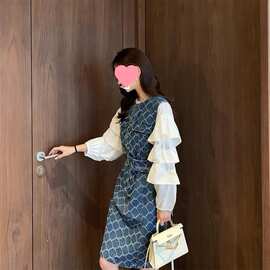 小香风套装女时尚名媛气牛仔连衣裙女春春两件套收腰显瘦中长款裙
