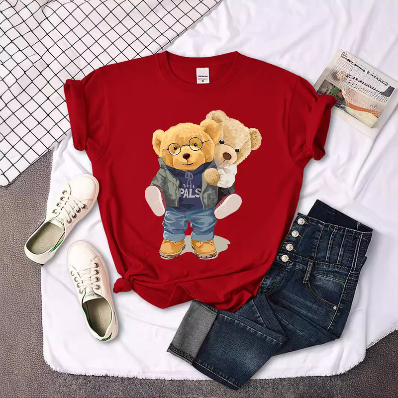 We Are Friends Teddy Bear T-Shirt Ladies Summer Cotton Top Street Retro Amazon New