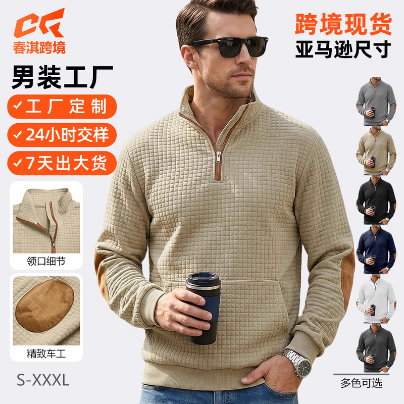 Autumn and Winter Cross-Border Jacquard Small Checkered Embroidery Patchwork American-Style Henley Stand Collar Casual Sports Sweatshirt Autumn and Winter Cross-Border Jacquard Small Checkered Embroidery Patchwork American-Style Henley Stand Collar Casual Sports Sweatshirt