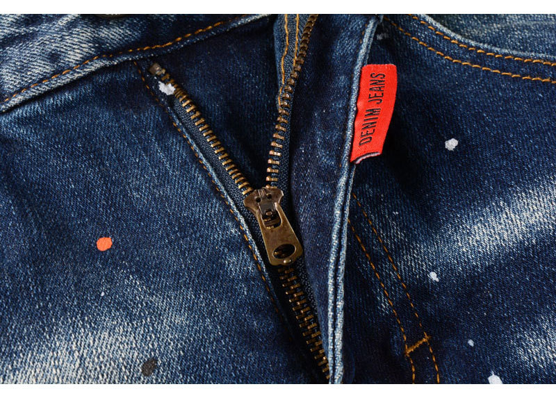 Men's Retro Blue Washed Jeans | Splatter Paint & Ripped Detail | Relaxed Straight Leg Denim Pants Comfortable Straight Leg Fit_viptrois.com