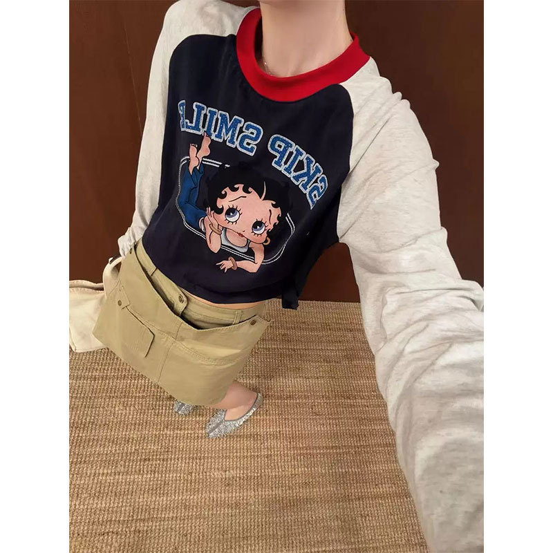 Retro American-style Y2K color-blocked cartoon top with raglan sleeves, a versatile and slimming short-length T-shirt for women Retro American-style Y2K color-blocked cartoon top with raglan sleeves, a versatile and slimming short-length T-shirt for women