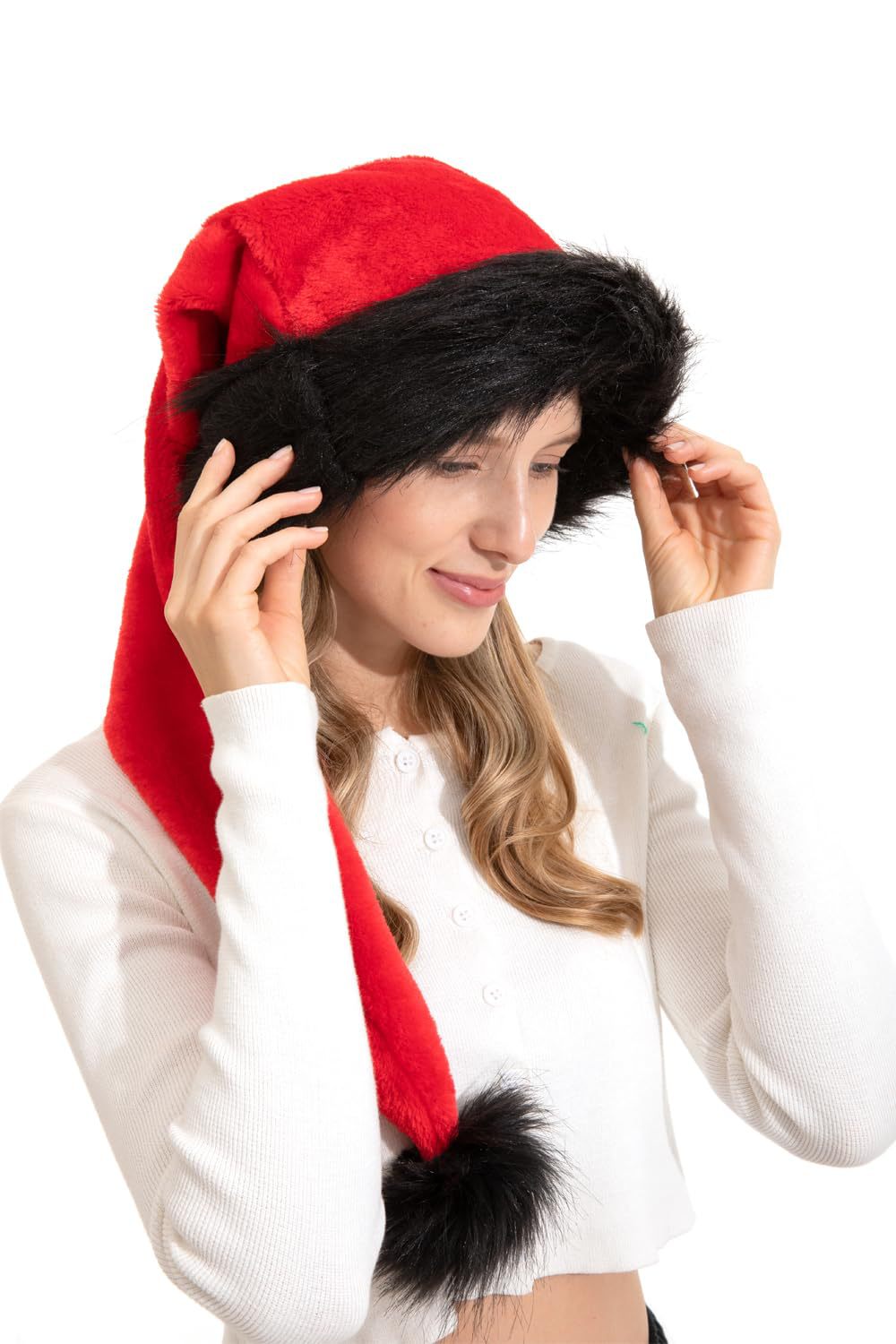 Christmas Long hair Santa hat Red black hat thick adult fluffy hat atmosphere props ornaments_voghion.com