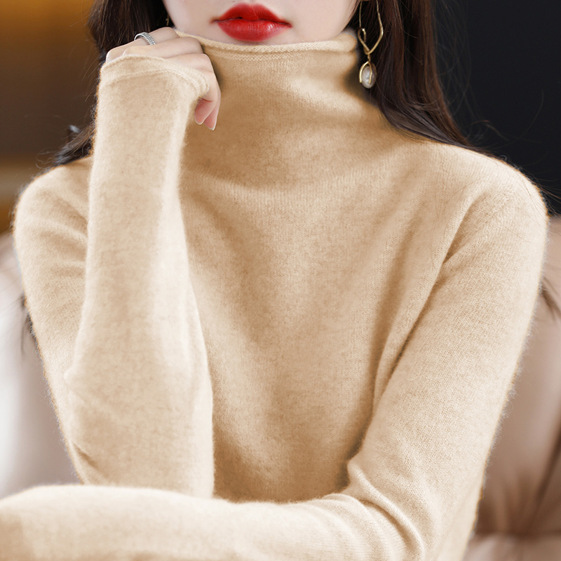 2023 Women's pile collar first-line ready-to-wear woolen sweater 100 pure merino wool autumn and winter inner knitted bottoming