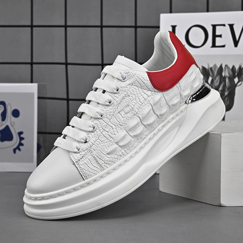 Foreign Trade Export Crocodile Pattern White Sneakers for Men, Genuine Leather Thick-Soled Sports Shoes, Invisible Height-Increasing Sneakers, Outdoor Travel Shoes Foreign Trade Export Crocodile Pattern White Sneakers for Men, Genuine Leather Thick-Soled Sports Shoes, Invisible Height-Increasing Sneakers, Outdoor Travel Shoes