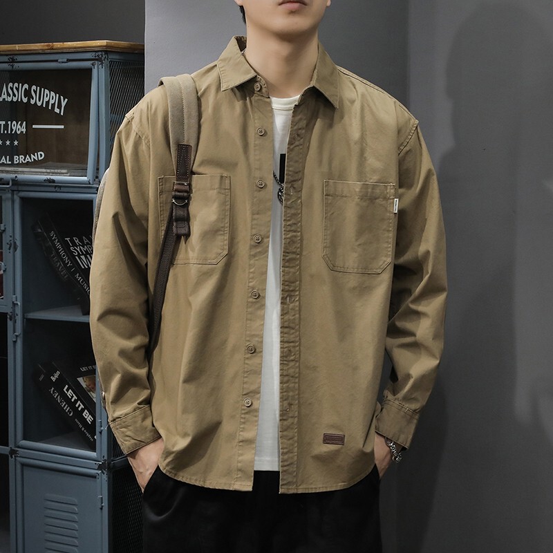 Spring high-grade Japanese fashion brand pure cotton retro workwear shirt men's solid color shirt thin lapel casual jacket