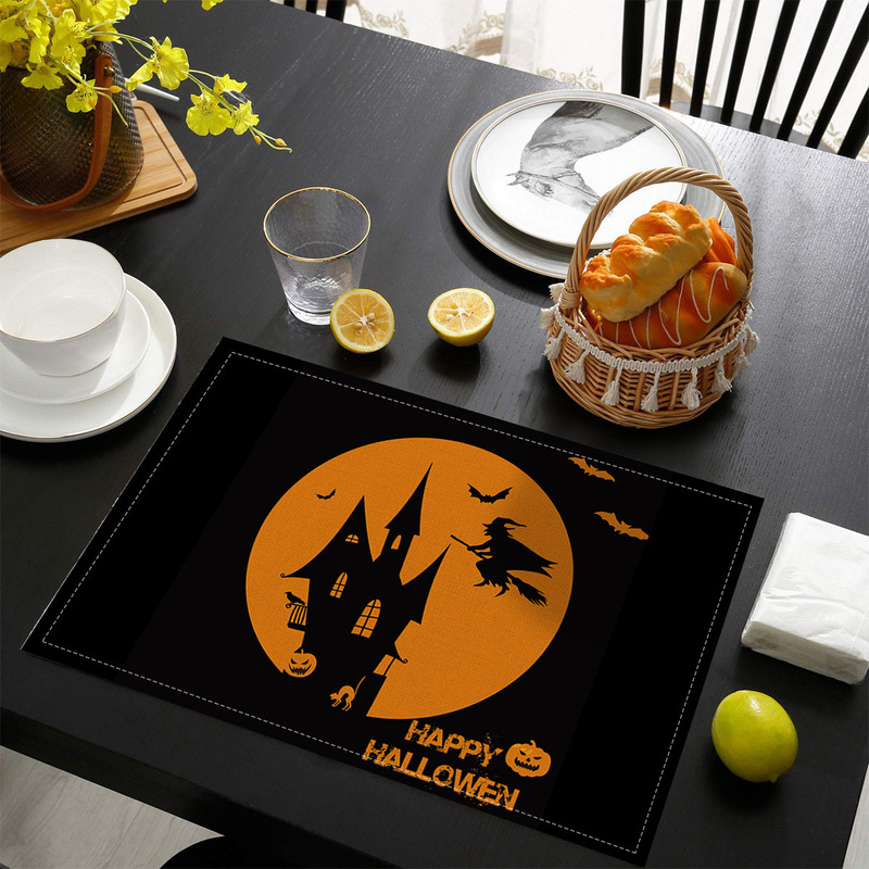 国境を越えた売れ筋ハロウィンプリントリネンプレースマット洋食レストランテーブルホーム断熱ナプキン滑り止めテーブルクロスマット|undefined
