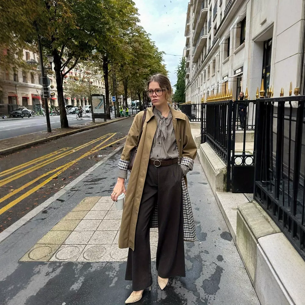 跨境2025秋冬新款 女士格纹印花前排扣休闲长袖中长款风衣外套