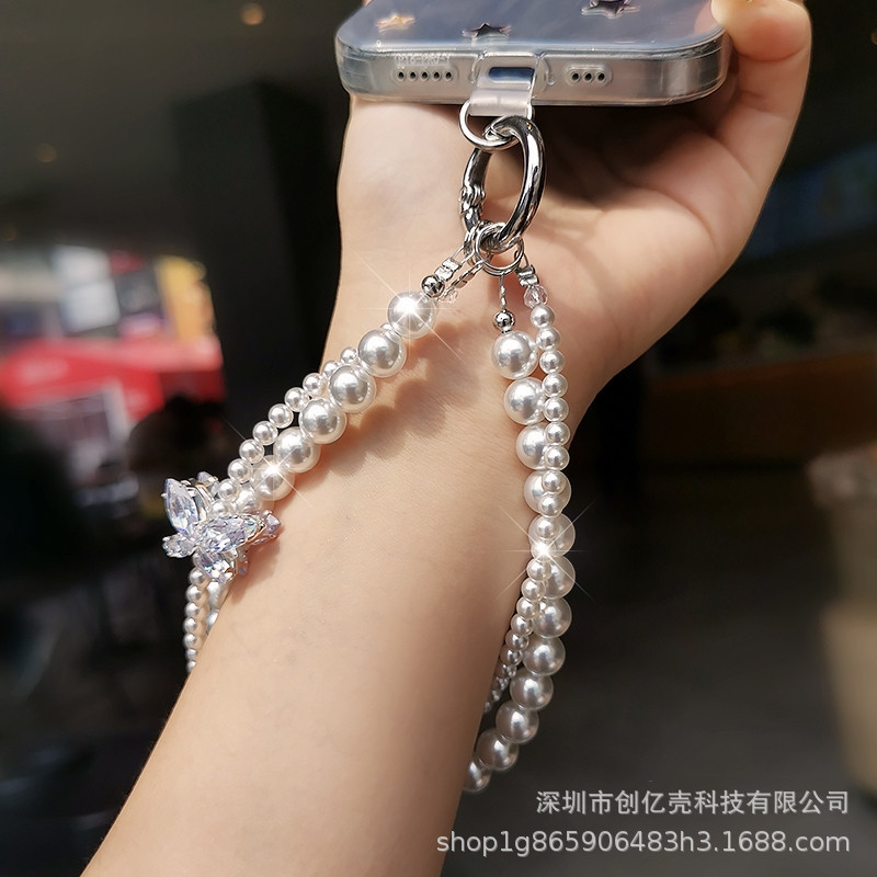 蝴蝶珍珠手链ins时尚手机挂绳手腕短款钥匙扣小香风串珠女式挂链|undefined