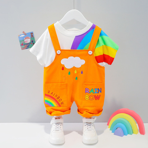 Summer  New Children's Short Sleeve Set Boy and Girl Rainbow Overalls Two-Piece Set Dropshipping 1607