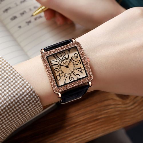 Godi Retro Square Women's Luxury Diamond-BLK Strap Quartz Watch for Ladies - High-End Strap Watch Wholesale