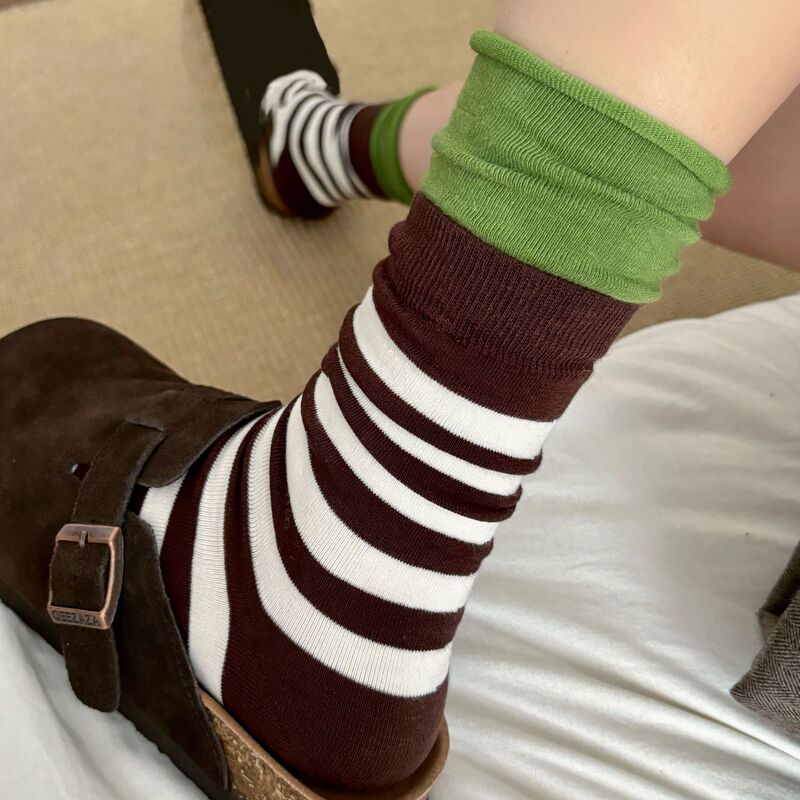 Early Autumn Niche Fashionable Color-Blocking Long Socks, Loose Striped Socks, Double-Cuff Slimming Mid-Calf Women's Retro Slouch Socks Early Autumn Niche Fashionable Color-Blocking Long Socks, Loose Striped Socks, Double-Cuff Slimming Mid-Calf Women's Retro Slouch Socks