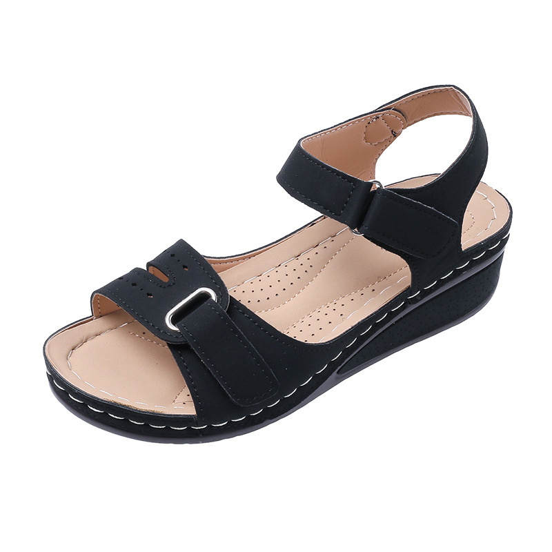 Sandalias de comercio exterior transfronterizo de gran tamaño para mujer 2025 verano nuevo estilo cuña con boca de pez de suela gruesa Velcro playa Roma ropa exterior
