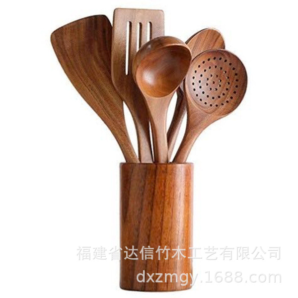 Juego de cocina transfronterizo, utensilios de cocina de madera de acacia, espátula de mango largo, espátula, pala de madera maciza, tenedor, olla antiadherente, juego de cocina de 10 piezas