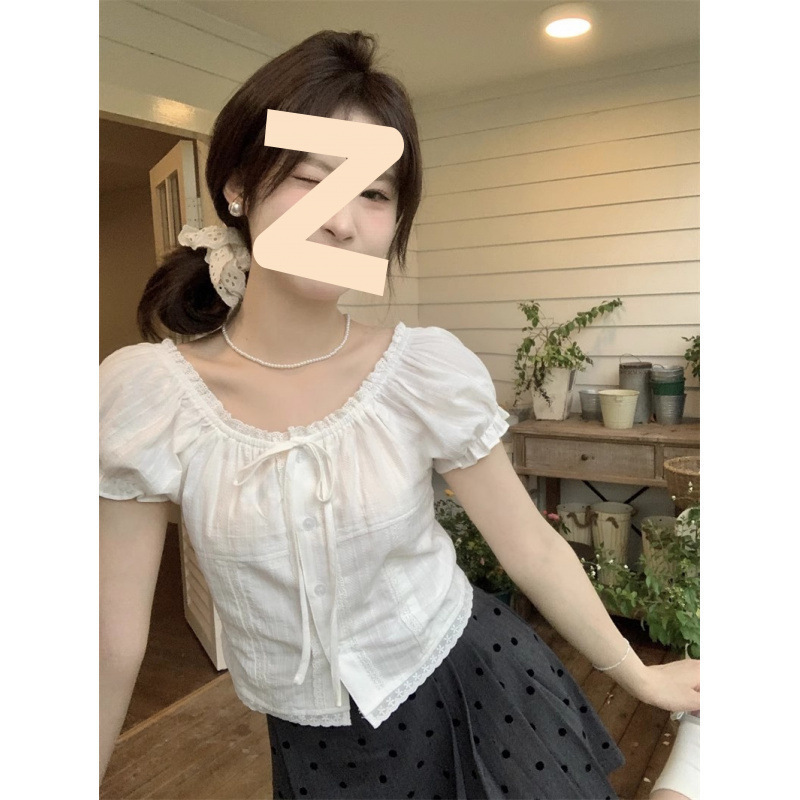 小柄な人向けの新しいスタイルのレースパフシャツ、夏のスリムフィット半袖シックなシャツ、甘いトップス|undefined