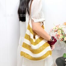 2025新款条纹间色编织包大容量托特包慵懒风度假镂空针织单肩包