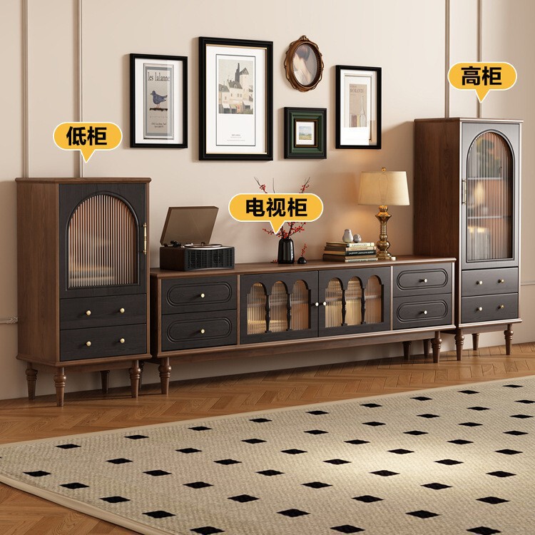 French Retro Solid Wood Tv Cabinet Coffee Table Combination Living Room Home Small Apartment Storage Storage Cabinet American Floor Cabinet