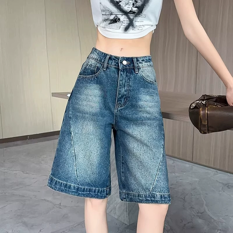 Джинсовые шорты-брюки, высокая талия, свободный oversize крой в корейском стиле, синие