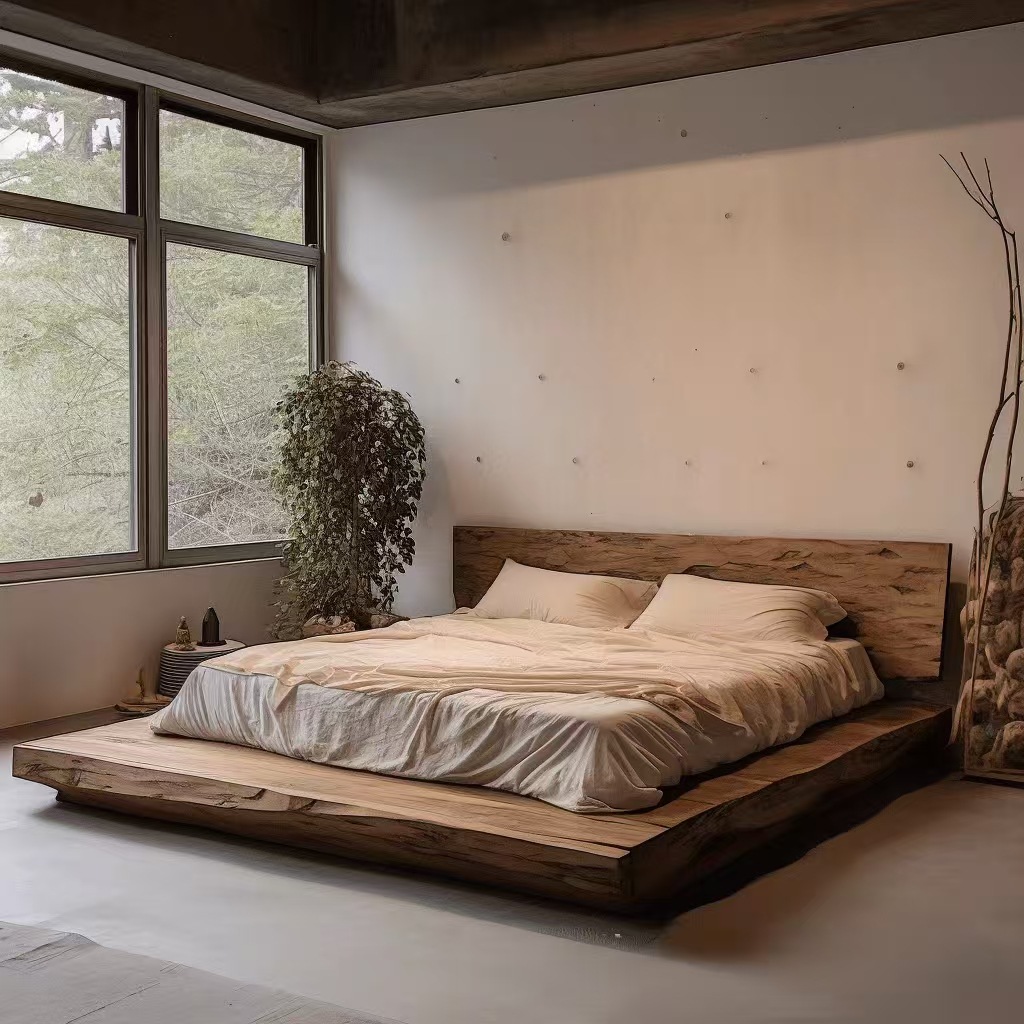 侘寂风老榆木双人床落地式榆木床榻榻米民宿酒店矮床实木卧室大床