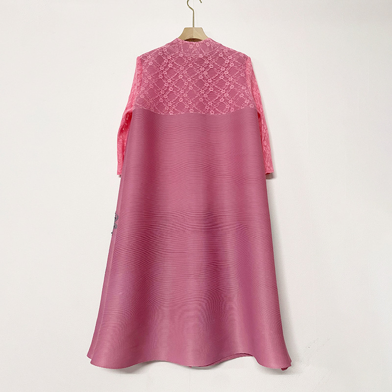 Women's Clothing pleated mesh lace hot brick + hand cranked flower loose mid length dress jacket_voghion.com