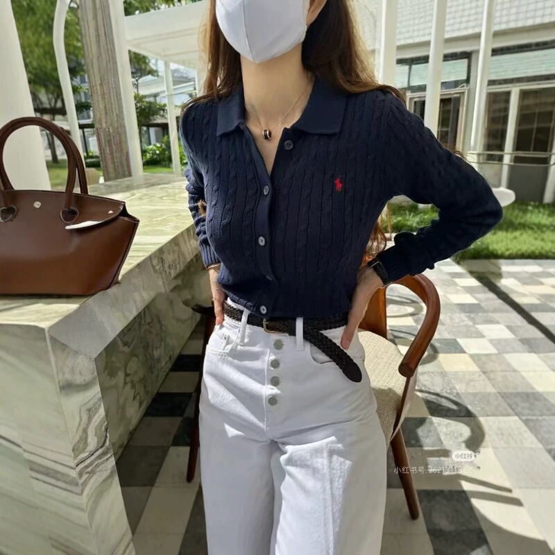 RL Embroidered Pony Logo Collar Pure Cotton Long Sleeve Knit Sweater for Women, Autumn and Winter Fashion Casual Commute Cable Knit Sweater RL Embroidered Pony Logo Collar Pure Cotton Long Sleeve Knit Sweater for Women, Autumn and Winter Fashion Casual Commute Cable Knit Sweater