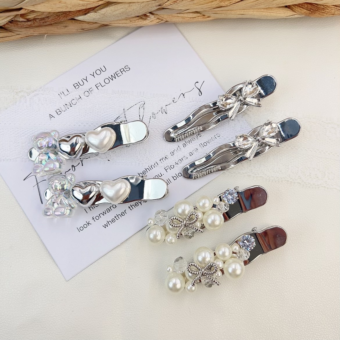 金屬高級感銀色珍珠蝴蝶結髮夾愛心小熊輕奢精緻碎髮夾劉海夾髮飾