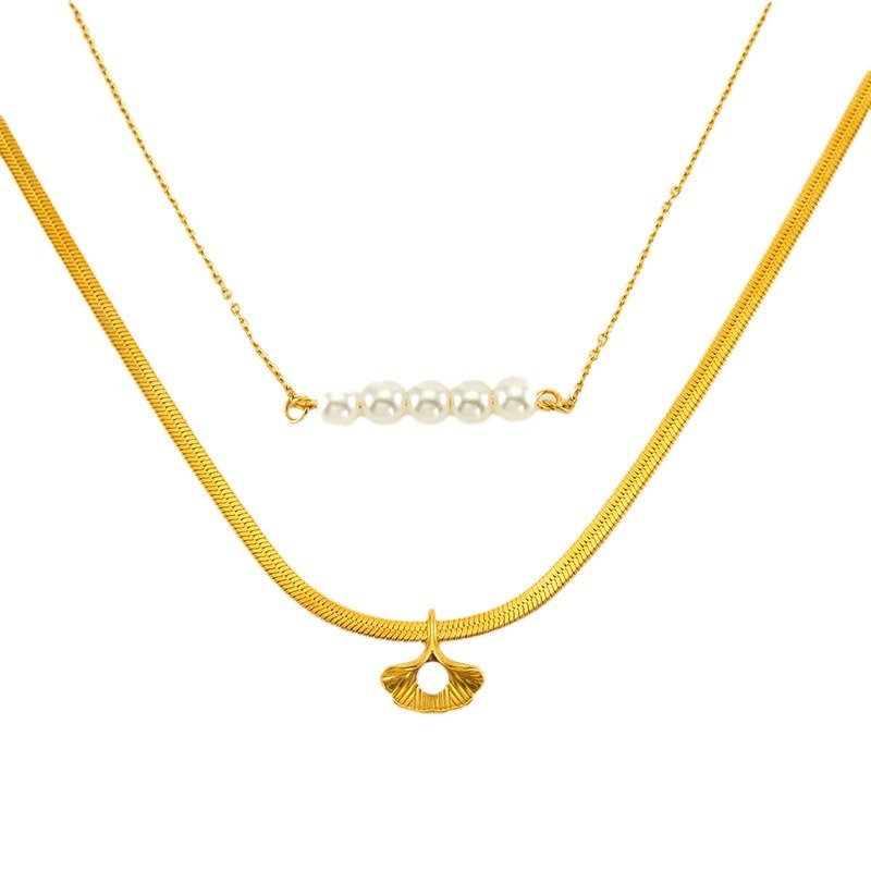 2023 nueva moda nicho collar simple doble capa apilada ginkgo hoja perla diseño sentido joyería collar al por mayor