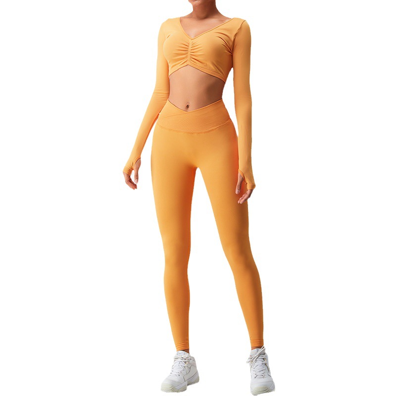 Transfronteriza otoño nueva ropa de yoga sin costuras pantalones de yoga de vientre cruzado de manga larga para mujer corriendo deportes ropa de fitness traje