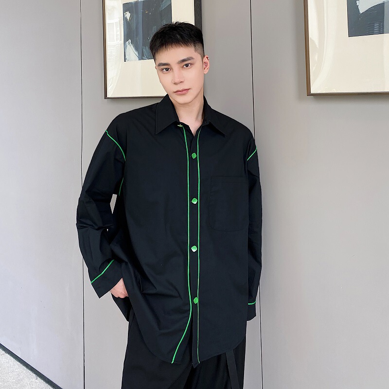 Early Spring Personalized Bv Green Webbing Design Lapel Long-Sleeved Men's Shirt Korean Style Simple High-End Shirt 5049580
