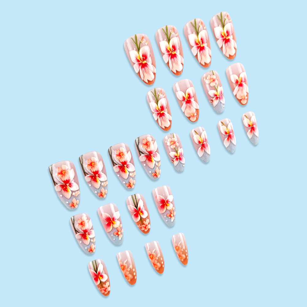 Flores hermosas desgaste de uñas parches de uñas falsas rosadas permeables al hielo sensación de alta calidad venta caliente transfronteriza de manicuría de gradiente