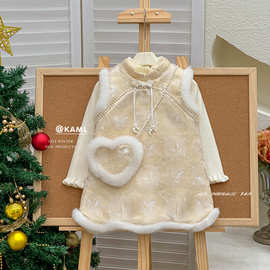 女童国风套装2025年冬季女宝蝴蝶刺绣加厚公主裙儿童夹棉年服裙子