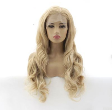 Europa y los Estados Unidos estilo popular peluca moda mixta oro ondulado largo cabello rizado fibra química frente encaje cubierta de cabeza LW0220