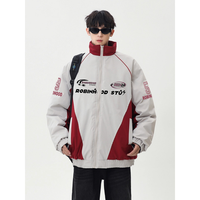 美式复古撞色立领机车服男潮牌冬季新款宽松休闲棉服外套情侣百搭