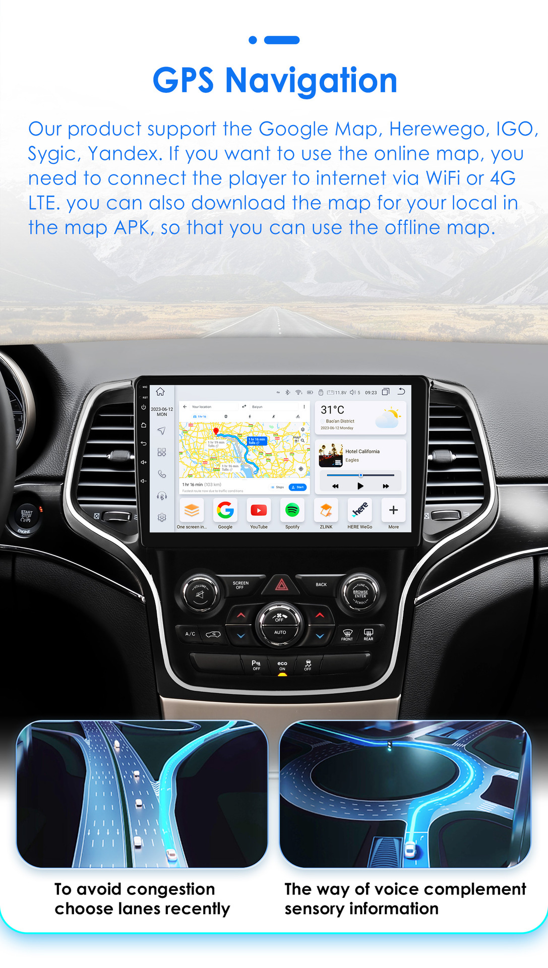 10inch Suitable for 14-22 Jeep Grand Cherokee Android Smart Large-Screen Car Central Control and Navigation All-In-One Machine