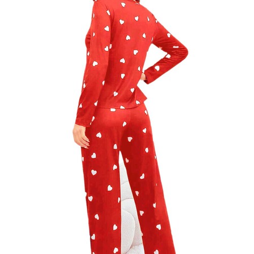 Women's pajamas, love printed round collar, long-sleeved trousers, autumn and winter suit, milk silk fabric