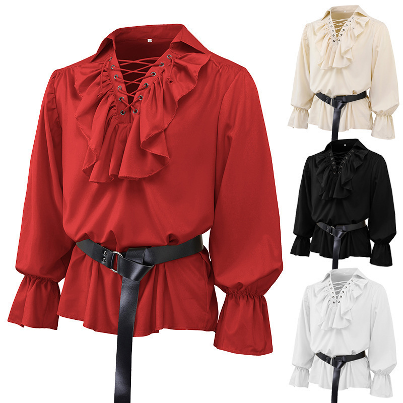 Gothic Men's Stage Performance Shirt Retro Men's Solid Color Lapel Pleated Puffy Long-Sleeved Top Gothic Men's Stage Performance Shirt Retro Men's Solid Color Lapel Pleated Puffy Long-Sleeved Top