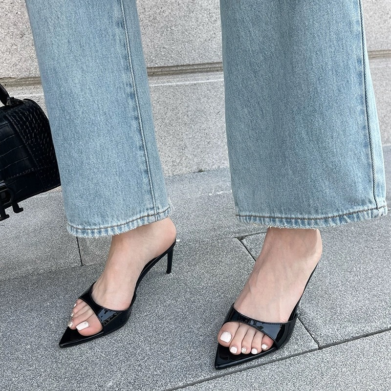 in stock! 2025 Black High-heeled Shoes Pointed Toes Thin Heel with One-word Wear All-match Elegant Sandals and Slippers