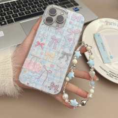 Apple 16PM対応 カラフルリボン付きスマホケース iPhone17pro 大きめ開口部 IMD ブレスレット付き 15 保護ケース 女性向け