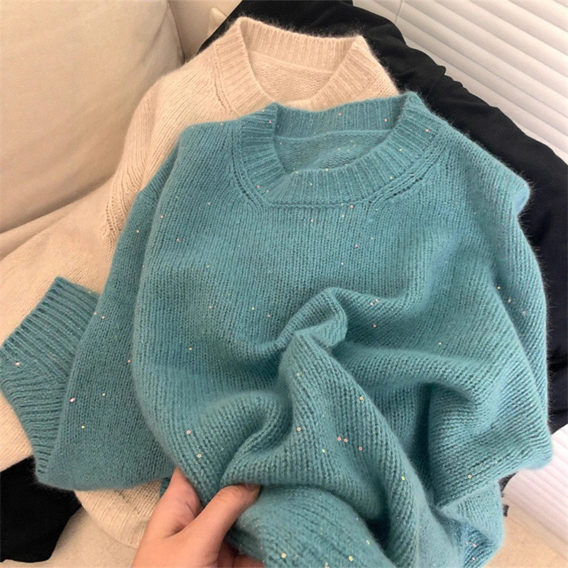 树莓色星空圆领毛衣女秋冬款软糯宽松设计感加厚内搭亮片针织上衣|undefined