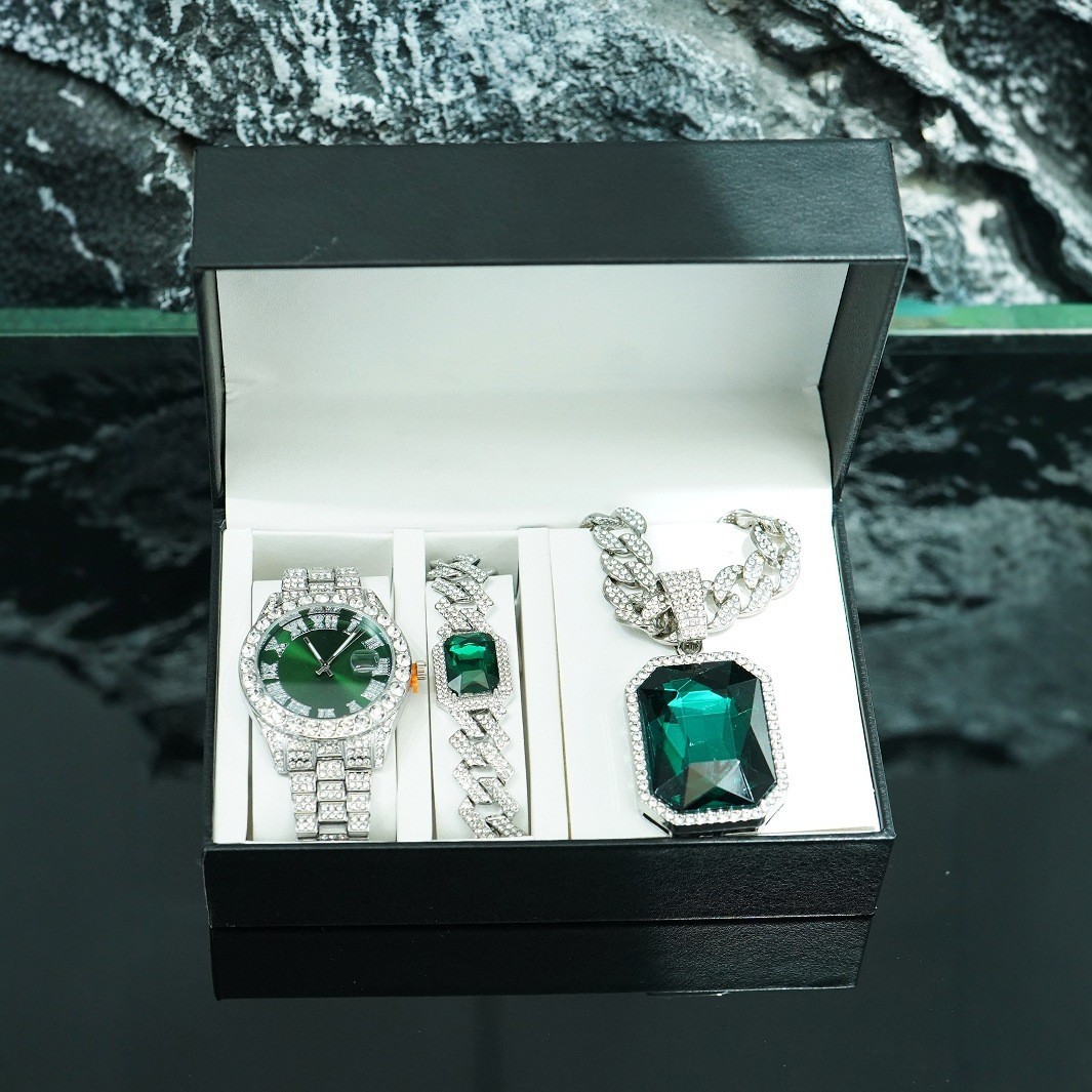 Ventas transfronterizas calientes colgante de aleación de esmeralda roja pulsera collar reloj 5 piezas conjunto de joyas de regalo de alto nivel para hombres