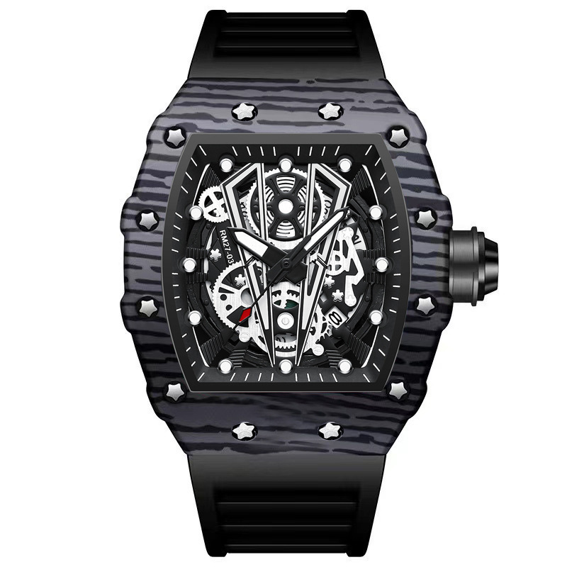 Reloj de Cuarzo Deportivo Tipo Tonel para Hombre de Silicona y Metal Diseño Calado, Impermeable 30m, Luminoso para Uso Deportivo y Casual
