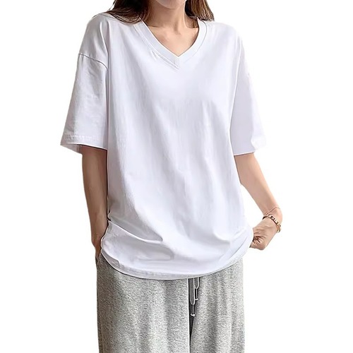 White short-sleeved t-shirt for women v-neck pure cotton loose half-sleeved solid color Hong Kong style chic top large size fat mm slimming summer